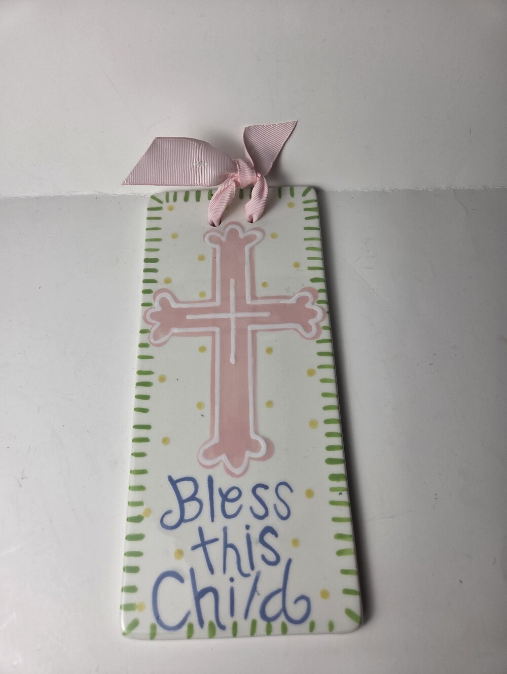 Coton Colors Bless This Child Ceramic Wall Cross Nursery Plaque Baby Girl Pink
